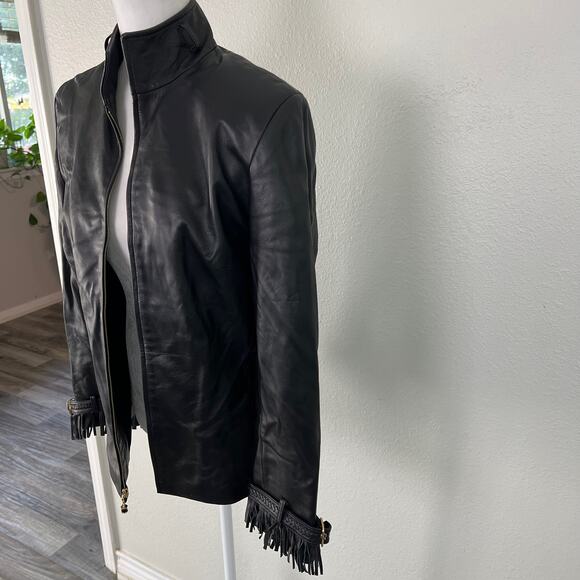 St. John Sport By Marie Gray SZ 6 Black Leather Jacket Removable Fringe Collar - Picture 9 of 16